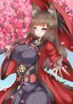  1girl absurdres amagi_(azur_lane) animal_ear_fluff animal_ears azur_lane breasts brown_hair cherry_blossoms coat cowboy_shot eiico fox_ears fox_girl highres holding holding_umbrella japanese_clothes kimono kitsune large_breasts long_hair looking_at_viewer metal_belt oil-paper_umbrella open_clothes open_coat outstretched_arm petals purple_kimono red_coat red_umbrella sakuramon solo umbrella violet_eyes wide_sleeves 