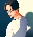  1boy brown_eyes closed_mouth ear_piercing earrings from_behind grey_hair jewelry looking_at_viewer looking_back male_focus nape original piercing shirt short_hair solo tsunko_(9v2_q) upper_body white_shirt 