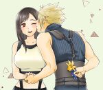  1boy 1girl bare_shoulders black_hair black_skirt blonde_hair blush breasts cloud_strife couple earrings final_fantasy final_fantasy_vii final_fantasy_vii_remake flower holding holding_flower jewelry kiss kissing_cheek large_breasts long_hair one_eye_closed open_mouth red_eyes shouyu_(soysoy) skirt sleeveless sleeveless_turtleneck spiky_hair suspender_skirt suspenders tank_top tifa_lockhart turtleneck 