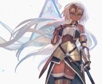  1girl armor bangs bare_shoulders breasts closed_mouth cowboy_shot dark-skinned_female dark_skin elbow_gloves flag gloves green_eyes highres holding holding_flag lack looking_at_viewer medium_breasts original short_hair smile solo standing tan thigh-highs white_hair 