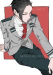 1boy arm_support artist_name black_hair boku_no_hero_academia buttons closed_mouth collared_shirt commentary genderswap genderswap_(ftm) green_pants grey_jacket hand_on_own_knee highres jacket long_sleeves looking_to_the_side male_focus mantos_no.7 necktie pants red_background red_necktie school_uniform shirt short_hair sketch smile solo thai_commentary u.a._school_uniform watermark white_background white_shirt yaoyorozu_momo