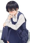  1girl arm_on_knee artist_name biting black_hair blush dress embarrassed finger_biting grey_eyes hair_between_eyes mattaku_mousuke original pinafore_dress shirt short_hair sitting solo sweatdrop watermark white_background 