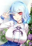  1girl bangs blue_eyes blue_hair breasts eyebrows_visible_through_hair hand_gesture heterochromia highres large_breasts raptor7 red_eyes shirt short_hair solo tatara_kogasa tongue tongue_out touhou white_shirt 