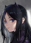  1girl black_hair black_sweater closed_mouth colored_inner_hair grey_background horns long_hair looking_at_viewer multicolored_hair original portrait ribbed_sweater samu_(a117216) shiny shiny_hair solo sweater turtleneck turtleneck_sweater violet_eyes 