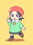 1girl absurdres adeleine beret black_hair blue_legwear blush blush_stickers brown_footwear child collared_shirt commentary_request eyebrows_visible_through_hair flat_chest flat_color full_body green_shirt green_skirt hand_up happy hat highres kirby_(series) leg_up long_sleeves looking_at_viewer miniskirt miwa_(ahyuck) open_mouth red_headwear shiny shiny_hair shirt shoes short_hair sidelocks simple_background skirt smile socks solo standing standing_on_one_leg violet_eyes walking waving yellow_background 