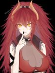  1girl bangs black_background black_choker black_nails breasts choker dragon_girl dragon_horns english_commentary finger_to_mouth highres horns large_breasts long_hair looking_to_the_side orange_eyes parted_lips portrait sapphren solo spiked_choker spikes twitter_username virtual_youtuber vshojo zentreya_(vtuber) 