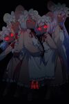  5girls animal_ears apron bangs black_background blonde_hair breasts daikokuten_(fate) dark-skinned_female dark_skin dress echo_(circa) fate/grand_order fate_(series) glowing glowing_eyes hair_ornament hairclip light_blue_hair long_hair long_sleeves mouse_ears mouse_girl mouse_tail multiple_girls open_mouth pink_hair red_eyes short_hair small_breasts smile tail translation_request twintails white_apron white_hair 
