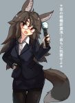  1girl alternate_costume animal_ears black_jacket black_legwear black_skirt blazer breasts brown_hair business_suit buttons collared_shirt cosplay cowboy_shot formal futatsuiwa_mamizou futatsuiwa_mamizou_(cosplay) hand_on_hip highres holding imaizumi_kagerou jacket long_hair medium_breasts men_in_black mib_mamizou neuralyzer office_lady pantyhose pencil_skirt pink_nails red-framed_eyewear red_eyes semi-rimless_eyewear shirt skirt skirt_suit solo suit tail thick_eyebrows touhou translation_request uisu_(noguchipint) under-rim_eyewear urban_legend_in_limbo very_long_hair white_shirt wolf_ears wolf_tail 