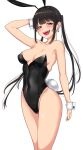 1girl absurdres animal_ears arm_behind_head arm_up armpits bangs black_hair black_leotard blunt_bangs blush bouhatei_(t-back) breasts collarbone commentary_request covered_navel earrings eyebrows_visible_through_hair fake_animal_ears fake_tail hairband happy highleg highleg_leotard highres jewelry leotard long_hair medium_breasts mole mole_under_eye open_mouth original playboy_bunny rabbit_ears rabbit_tail simple_background solo standing tail thighs twintails violet_eyes white_background wrist_cuffs 