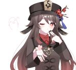 1girl brown_hair genshin_impact ghost hat heart hu_tao_(genshin_impact) jewelry kino_(curry_pan) long_sleeves looking_back nail_polish one_eye_closed red_eyes ring solo symbol-shaped_pupils top_hat twintails