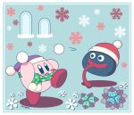  arm_up artist_name beanie blue_background blue_eyes blush blush_stickers border commentary_request eye_contact full_body fur-trimmed_headwear gooey_(kirby) green_scarf happy hat highres holding holding_snowball kirby kirby_(series) leg_up long_tongue looking_at_another miwa_(ahyuck) motion_lines no_humans open_mouth pom_pom_(clothes) purple_headwear red_headwear scarf signature slime_(creature) smile snowball snowball_fight snowflakes solid_oval_eyes standing standing_on_one_leg star_(symbol) star_print throwing tongue tongue_out white_border 