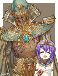  1boy 1girl absurdres ahoge breasts closed_eyes commentary corpse crossover egyptian_clothes fang highres holding holding_staff jashin-chan_dropkick jewelry kreuzer_00 medusa_(jashin-chan_dropkick) mummy open_mouth purple_hair short_hair sidelocks small_breasts smile staff usekh_collar warhammer_fantasy 
