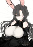  1girl animal_ears bare_shoulders black_dress blue_eyes breasts closed_mouth detached_sleeves dot_mouth dot_nose dress earrings grey_hair highres huge_breasts jewelry long_hair long_sleeves looking_at_viewer narue one-eyed one_eye_closed original rabbit_ears slit_pupils solo stitched_eye 