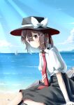  1girl absurdres beach black_headwear black_skirt blurry boat bow brown_eyes brown_hair clouds collared_shirt commentary depth_of_field dot_mouth fedora hair_between_eyes hat hat_bow highres light_rays looking_at_viewer necktie ocean puffy_short_sleeves puffy_sleeves red_necktie sailboat shirt short_hair short_sleeves sitting skirt solo t-hou touhou usami_renko watercraft white_bow white_shirt 