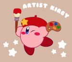  arms_up beret blue_eyes blush blush_stickers brown_background closed_mouth commentary_request flat_color full_body hat highres holding holding_brush kirby kirby_(series) looking_at_viewer miwa_(ahyuck) no_humans one_eye_closed paintbrush palette_(object) partial_commentary red_headwear simple_background solid_oval_eyes solo star_(symbol) star_in_eye symbol_in_eye 