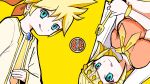  bangs blonde_hair bracelet brother_and_sister commentary_request cosmospice_(vocaloid) fork hair_ornament highres holding holding_fork jacket jewelry kagamine_len kagamine_rin licking_lips midriff neckerchief necktie official_art open_clothes open_jacket original pinocchio-p siblings simple_background tongue tongue_out traditional_clothes turban twins veil vocaloid yellow_background yellow_neckerchief yellow_necktie yellow_theme 