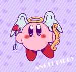  arrow_(projectile) black_eyes blush blush_stickers bow_(weapon) character_name closed_mouth commentary_request english_text flat_color full_body halo heart heart_arrow heart_background highres holding holding_arrow holding_bow_(weapon) holding_weapon kirby kirby_(series) miwa_(ahyuck) no_humans partial_commentary purple_background solid_oval_eyes solo striped striped_background weapon white_wings wings 