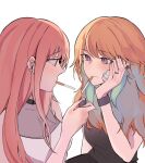  2girls amlichan cigarette couple earrings eyebrows_visible_through_hair feather_earrings feathers highres holding holding_cigarette hololive hololive_english jewelry long_hair mori_calliope multicolored_hair multiple_girls pink_hair smoking stud_earrings takanashi_kiara virtual_youtuber yuri 
