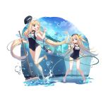  2girls absurdres ahoge artist_request bag bandaid bandaid_on_leg bare_legs barefoot bell blonde_hair blue_swimsuit cleaning_brush clenched_teeth collar counter:side covered_navel day eins_(counter:side) empty_pool fang green_eyes hair_ribbon happy hat highres holding holding_hose hose light_blush long_hair low_twintails multiple_girls name_tag neck_bell official_art one-piece_swimsuit one_eye_closed open_mouth outdoors pool pool_ladder ribbon school_swimsuit shoulder_bag skin_fang smile splashing spraying swimsuit teeth transparent transparent_background twintails two_side_up water water_drop yellow_ribbon zwei_(counter:side) 