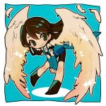  1girl angel_wings aqua_background arm_ribbon arm_warmers blue_dress breasts brown_eyes brown_hair chibi dress final_fantasy final_fantasy_viii hair_between_eyes jewelry medium_breasts medium_hair multicolored_hair necklace own_hands_together ribbon rinoa_heartilly sankaku73 solo sparkle streaked_hair wings 