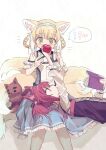  2girls animal_ears apple arknights book food fox_ears fox_girl fruit highres holding holding_book kitsune kyuubi lap_pillow multiple_girls multiple_tails red_(girllove) shamare_(arknights) stuffed_toy stuffed_wolf suzuran_(arknights) tail 