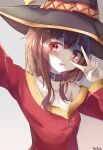  1girl arm_up bangs blush brown_choker brown_hair brown_headwear choker commentary dress gradient gradient_background harurunoe hat highres kono_subarashii_sekai_ni_shukufuku_wo! long_sleeves looking_to_the_side megumin open_mouth red_dress red_eyes shadow short_hair_with_long_locks signature smile solo upper_body v_over_eye witch_hat 
