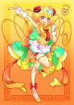  1girl absurdres ankle_bow apron arm_up back_bow bike_shorts blonde_hair bow bowl brooch bun_cover china_dress chinese_clothes cure_yum-yum delicious_party_precure dragon dragon_wings dress earrings eyebrows_visible_through_hair full_body gloves gradient gradient_background hair_between_eyes hanamichi_ran heart_brooch highres huge_bow jewelry long_hair magical_girl mem-mem_(precure) mitsuki_tayura orange_background orange_dress orange_footwear orange_shorts precure redhead short_hair_with_long_locks shorts sleeveless sleeveless_dress standing standing_on_one_leg two-tone_background violet_eyes waist_apron white_gloves wings yellow_background 