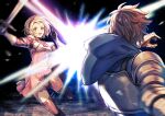  1boy 1girl armor blonde_hair blue_hoodie boots breastplate brown_hair djeeta_(granblue_fantasy) dress duel gauntlets gran_(granblue_fantasy) granblue_fantasy granblue_fantasy_versus hairband holding holding_sword holding_weapon hood hoodie kingyo_114 motion_blur open_mouth orange_eyes pink_dress short_hair shoulder_armor smile sword thigh-highs thigh_boots v-shaped_eyebrows weapon 
