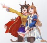  2girls animal_ears armband bangs belt benikirin blue_eyes breasts brown_hair brown_legwear buttons coat coat_on_shoulders cropped_legs domino_mask double-breasted dress el_condor_pasa_(umamusume) grass_wonder_(umamusume) grey_background hand_on_another&#039;s_shoulder highres holding_own_arm horse_ears horse_girl horse_tail jacket long_sleeves mask medium_breasts multiple_girls open_mouth pointing purple_skirt red_coat skirt small_breasts smile tail thigh-highs umamusume white_dress yellow_jacket 