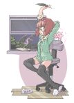  1girl arm_behind_head arm_up black_legwear bookmark bow breasts brown_hair cardcaptor_sakura chair dragon glasses hair_bow highres horns jarv looking_at_viewer loose_thighhigh office_chair open_mouth pajamas pink_bow quill short_hair single_slipper slippers small_breasts solo stretch thigh-highs thighs tree window wooden_floor yanagisawa_naoko 