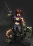  1girl abs absurdres ammunition_box animal_ears artist_name belt belt_buckle boots breasts brown_hair buckle collarbone commission full_body furry furry_female gloves gradient_hair green_eyes gun hair_between_eyes highres holding holding_gun holding_weapon knee_pads large_breasts looking_at_viewer machine_gun multicolored_hair muscular muscular_female navel original pgm300 pk_machine_gun plate_carrier purple_hair solo sports_bra standing tail trigger_discipline tripod two-tone_hair watermark weapon 