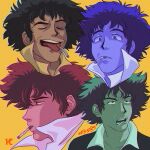  cigarette closed_eyes cowboy_bebop derivative_work eyebrows highres kelsz0ne open_mouth screencap_redraw simple_background spike_spiegel spiky_hair teeth tongue tongue_out variations yellow_background 