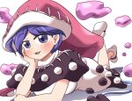  1girl blue_eyes blue_hair blush doremy_sweet dream_soul dress eyebrows_visible_through_hair hat nightcap open_mouth pom_pom_(clothes) red_headwear rokugou_daisuke short_hair short_sleeves signature simple_background smile solo tail tapir_tail touhou white_background white_dress 