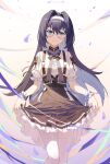  1girl bangs black_bow black_bowtie blue_eyes bow bowtie breasts copyright_request fled frilled_skirt frills glasses hairband highres long_hair looking_at_viewer pantyhose purple_bow purple_hair short_sleeves skirt skirt_hold smile solo virtual_youtuber white_legwear 
