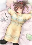  1girl bed_sheet black_legwear blush bra bra_removed brown_hair dress gojarun highres hori_yuko idolmaster idolmaster_cinderella_girls looking_at_viewer lying on_back oversized_clothes panties panties_removed pantyhose patterned_clothing pillow ponytail smile solo sweater sweater_dress underwear 