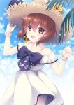  1girl anchor_symbol beach blue_bow blue_sky bow bracelet brown_eyes brown_hair clouds cloudy_sky coconut_tree cowboy_shot dress eyebrows_behind_hair flower hat hat_ribbon headset highres jewelry kantai_collection looking_at_viewer official_alternate_costume outdoors palm_tree ribbon short_hair sky sleeveless sleeveless_dress smile solo sparkle speaking_tube_headset sun_hat sundress sunflower sunlight tree tsukimochikuriko_(tsukimochi_k) white_dress yukikaze_(kancolle) 
