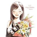  1girl black_gloves bouquet brown_hair character_name closed_eyes commentary_request dated earrings facing_viewer final_fantasy final_fantasy_vii fingerless_gloves flower gloves hand_up happy_birthday heart highres jewelry lily_(flower) long_hair n122425 open_mouth simple_background smile solo tank_top tifa_lockhart upper_body white_background white_tank_top 