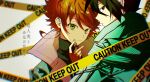  1boy 1girl all_275927 black_eyes black_hair blurry caution_tape depth_of_field emma_(yakusoku_no_neverland) green_eyes green_nails highres holding looking_at_viewer orange_hair ray_(yakusoku_no_neverland) sweater translation_request turtleneck turtleneck_sweater upper_body white_background yakusoku_no_neverland 