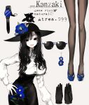  1girl :d black_eyes black_gloves black_headwear black_skirt blue_flower blue_footwear blue_pupils breasts brown_legwear collared_shirt earrings eyewear_removed flower gloves gloves_removed hand_on_hip hat hat_flower high-waist_skirt high_heels highres jewelry large_breasts long_legs looking_at_viewer mole mole_under_mouth narue open_mouth original pale_skin pantyhose shirt shoes skirt smile solo sunglasses watch watch white_shirt wing_collar 