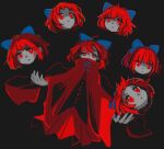  1girl :| absurdres ahoge black_background black_shirt blue_bow bow cloak closed_mouth covered_mouth expressionless hair_bow highres ichinose_(kurui96) juggling long_sleeves looking_at_viewer one-hour_drawing_challenge red_cloak red_eyes red_skirt redhead sekibanki shirt short_hair simple_background skirt solo touhou upper_body wide_sleeves 