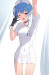  1girl ;o absurdres arm_up bangs black_choker black_gloves blue_eyes blue_hair blush breasts choker covered_navel cowboy_shot dress eyebrows_visible_through_hair gloves hand_up hat highres hololive hoshimachi_suisei id_card long_hair looking_at_viewer nurse nurse_cap one_eye_closed open_mouth side_ponytail solo standing star_(symbol) star_in_eye symbol_in_eye virtual_youtuber white_dress woogi yawning 