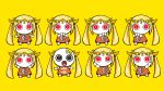  aimaina blonde_hair bracelet brown_dress chibi commentary_request cosmospice_(vocaloid) doushite-chan dress hair_ornament highres jewelry long_hair official_art original pinocchio-p red_eyes simple_background slit_pupils twintails vocaloid yellow_background yellow_theme 