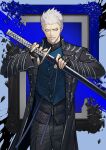  1boy black_coat black_gloves black_pants black_shirt blue_background blue_eyes blue_vest closed_mouth coat cowboy_shot devil_may_cry_(series) devil_may_cry_5 fingerless_gloves gloves highres holding holding_sword holding_weapon katana long_sleeves looking_at_viewer male_focus ogata_tomio pants picture_frame scabbard sheath sheathed shirt short_hair solo standing sword vergil_(devil_may_cry) vest weapon white_hair 