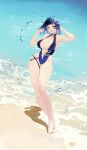  1girl absurdres ahoge armpits bangs bare_arms bare_legs bare_shoulders barefoot beach blue_eyes blue_hair blunt_bangs breasts chinese_commentary commentary_request full_body genshin_impact hands_up highres large_breasts looking_at_viewer ocean outdoors parted_lips shadow short_hair solo standing water wudiyuzhouxiaohuanxiong yelan_(genshin_impact) 