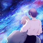  1boy 1girl arms_around_back baggy_clothes black_pants blue_dress blue_hair bob_cut brown_eyes chiru_(sanifani) couple dress earrings hair_between_eyes howl_(howl_no_ugoku_shiro) howl_no_ugoku_shiro hug jewelry long_dress necklace night night_sky pants shirt shooting_star short_hair sky sophie_(howl_no_ugoku_shiro) star_(sky) starry_sky upper_body white_hair white_shirt wide-eyed 