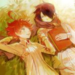  1boy 1girl ahoge all_275927 black_hair book brown_scarf chinese_commentary closed_eyes commentary_request emma_(yakusoku_no_neverland) eyebrows_visible_through_hair grass highres holding holding_book holding_hands looking_at_another lying on_back open_mouth orange_hair outdoors ray_(yakusoku_no_neverland) scarf yakusoku_no_neverland 