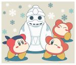  ^_^ arms_up artist_name bandana bandana_waddle_dee blue_headwear blush blush_stickers border closed_eyes full_body grey_background happy highres king_dedede kirby_(series) leg_up miwa_(ahyuck) no_humans no_mouth one_eye_closed orange_eyes signature snowflakes snowman solid_oval_eyes sparkle standing standing_on_one_leg waddle_dee white_border 