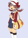  1girl :d blue_overalls bow brown_eyes brown_hair cabbie_hat commentary_request from_side grey_background hand_up hat hat_bow highres ivib korean_commentary long_hair looking_back lyra_(pokemon) open_mouth overalls pokegear pokemon pokemon_(game) pokemon_hgss red_bow red_shirt shirt smile solo teeth thigh-highs twintails upper_teeth white_headwear white_legwear yellow_bag 