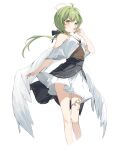  1girl absurdres angel_wings blush commentary cropped_legs english_commentary green_hair hair_ribbon halo hana_mori highres jewelry laurels looking_at_viewer original ribbon ring simple_background skirt solo wings 