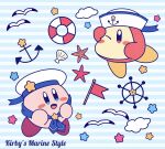  absurdres anchor anchor_symbol arm_up bird blue_background blue_eyes blue_neckerchief blue_ribbon blush blush_stickers character_name clouds commentary_request english_commentary english_text flag full_body hands_up happy hat hat_ribbon highres kirby kirby_(series) lifebuoy miwa_(ahyuck) mixed-language_commentary neckerchief no_humans no_mouth one_eye_closed open_mouth partial_commentary red_eyes ribbon sailor_hat seagull seashell shading_eyes shell ship&#039;s_wheel smile solid_oval_eyes star_(symbol) starfish striped striped_background waddle_dee white_headwear 